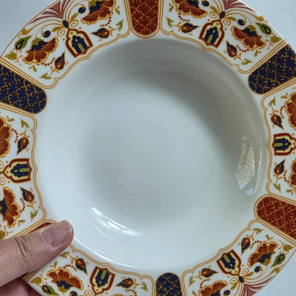 TWO Queens Imari Rim Soup Bowls Green Blue Diamond Band Floral Arches